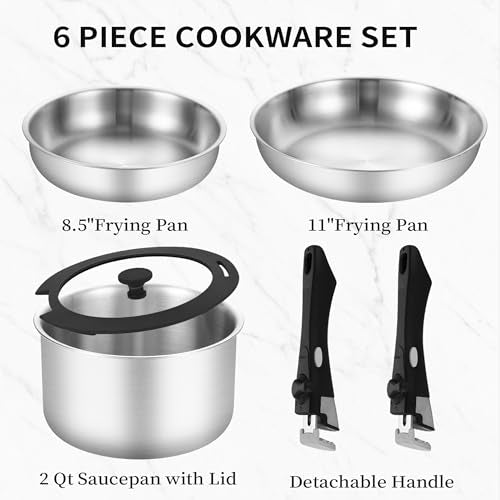 Inqibee Tri-ply Stainless Steel Frying Pan Set,Pot and Pan Set for Home & RV Camping,Induction Pans,Detachable/Removable Handle Kitchen Cookware,Dishwasher and Oven Safe