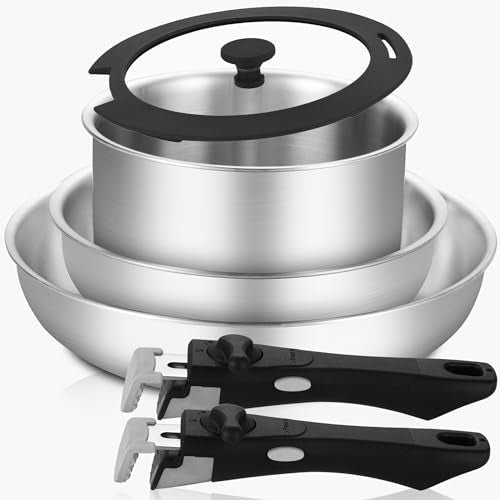 Inqibee Tri-ply Stainless Steel Frying Pan Set,Pot and Pan Set for Home & RV Camping,Induction Pans,Detachable/Removable Handle Kitchen Cookware,Dishwasher and Oven Safe