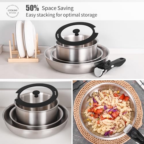 Inqibee Tri-ply Stainless Steel Frying Pan Set,Pot and Pan Set for Home & RV Camping,Induction Pans,Detachable/Removable Handle Kitchen Cookware,Dishwasher and Oven Safe