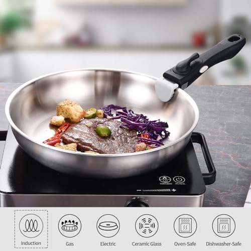 Inqibee Tri-ply Stainless Steel Frying Pan Set,Pot and Pan Set for Home & RV Camping,Induction Pans,Detachable/Removable Handle Kitchen Cookware,Dishwasher and Oven Safe