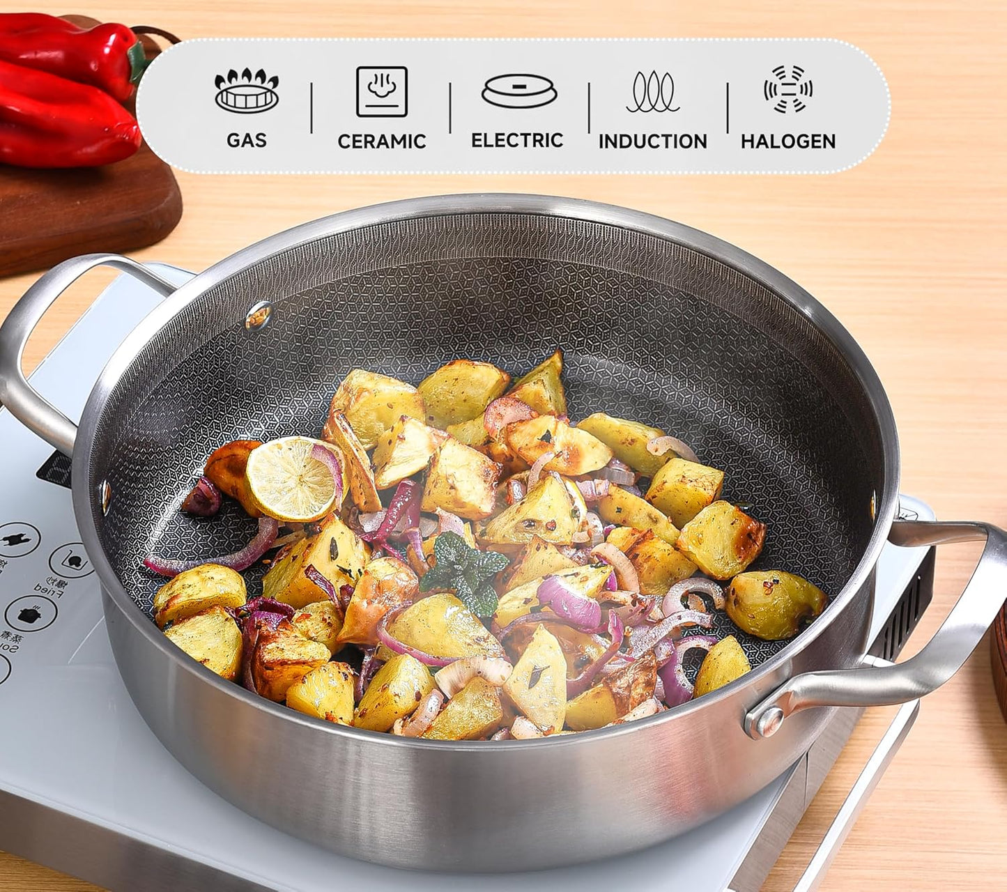 Inqibee 6 QT Hybrid Tri-Ply Stainless Steel Non Stick Sauté Pan with Lid, 12 inch Induction Deep Frying Pan, Large Skillet,Brazier Pan, Dishwasher and Oven Safe.