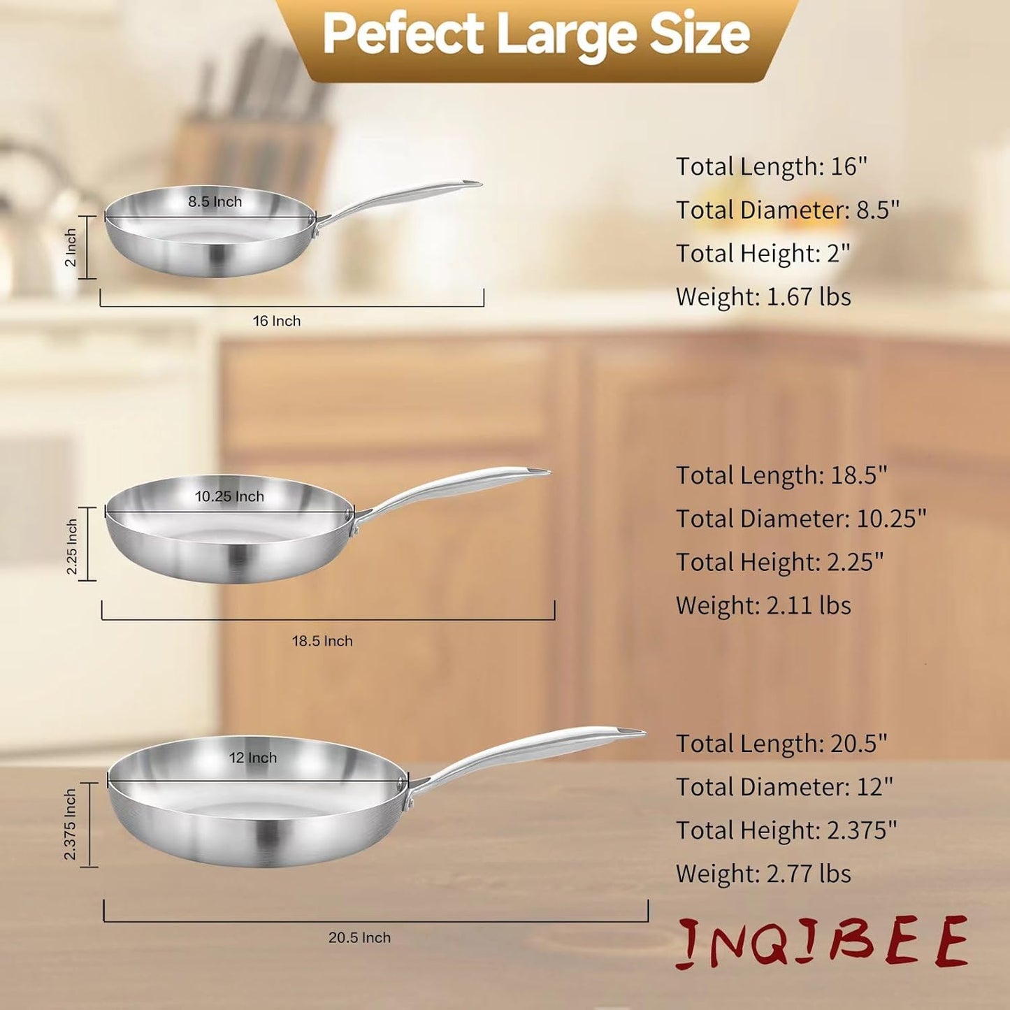 Inqibee 8.5-10-12 Inch Tri-Ply Stainless Steel Frying Pan Set with a Lid,Skillets,Induction Cooking Pans,Pots and Pans Set,Dishwasher and Oven Safe,Detachable Handle.
