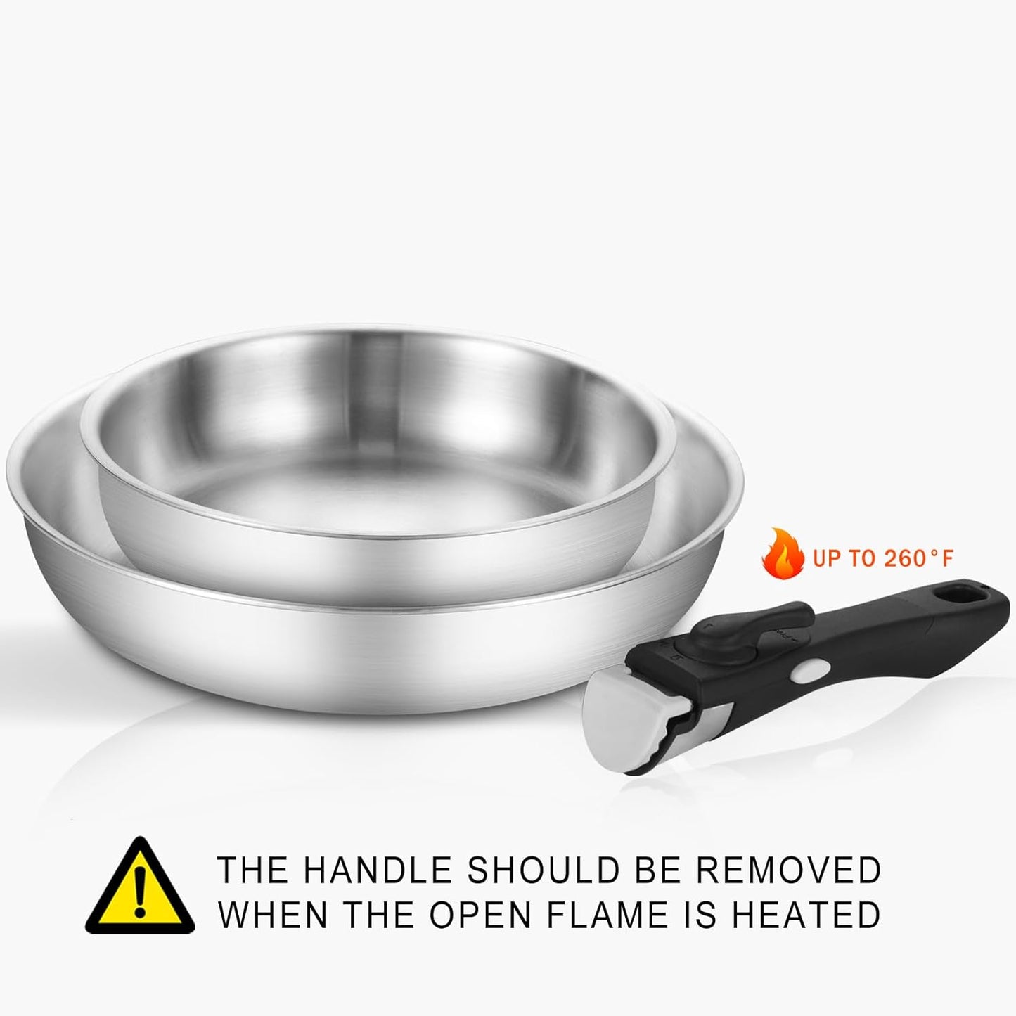 Inqibee Tri-ply Stainless Steel 8.5-12 Inch Sauté Pans,Deep Frying Pan Set,Pots and Pans for Home & RV Camping,Induction Pans,Detachable Handle Kitchen Cookware,Dishwasher and Oven Safe.