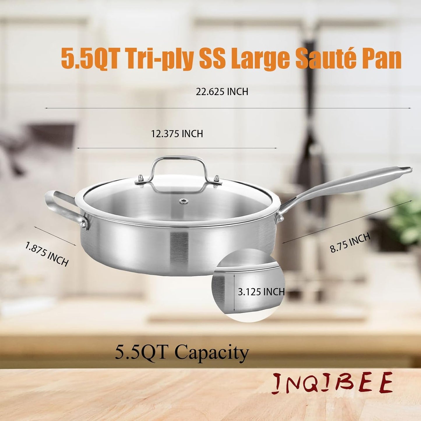 Inqibee 6 QT Tri-Ply Stainless Steel Sauté Pan with Lid, 12 Inch Induction Deep Frying Pan, Large Skillet,Jumbo Cooker, Dishwasher and Oven Safe,Detachable Handle.
