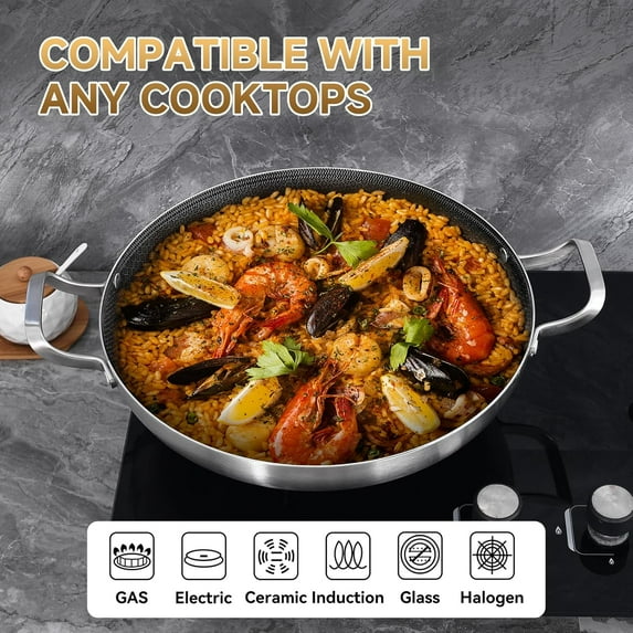 Inqibee 14 inch New Hybrid Tri-Ply Stainless Steel Paella Pan with Lid,Omelet,Griddle,Large Skillet,Induction Cooking Pan,Dishwasher and Oven Safe.