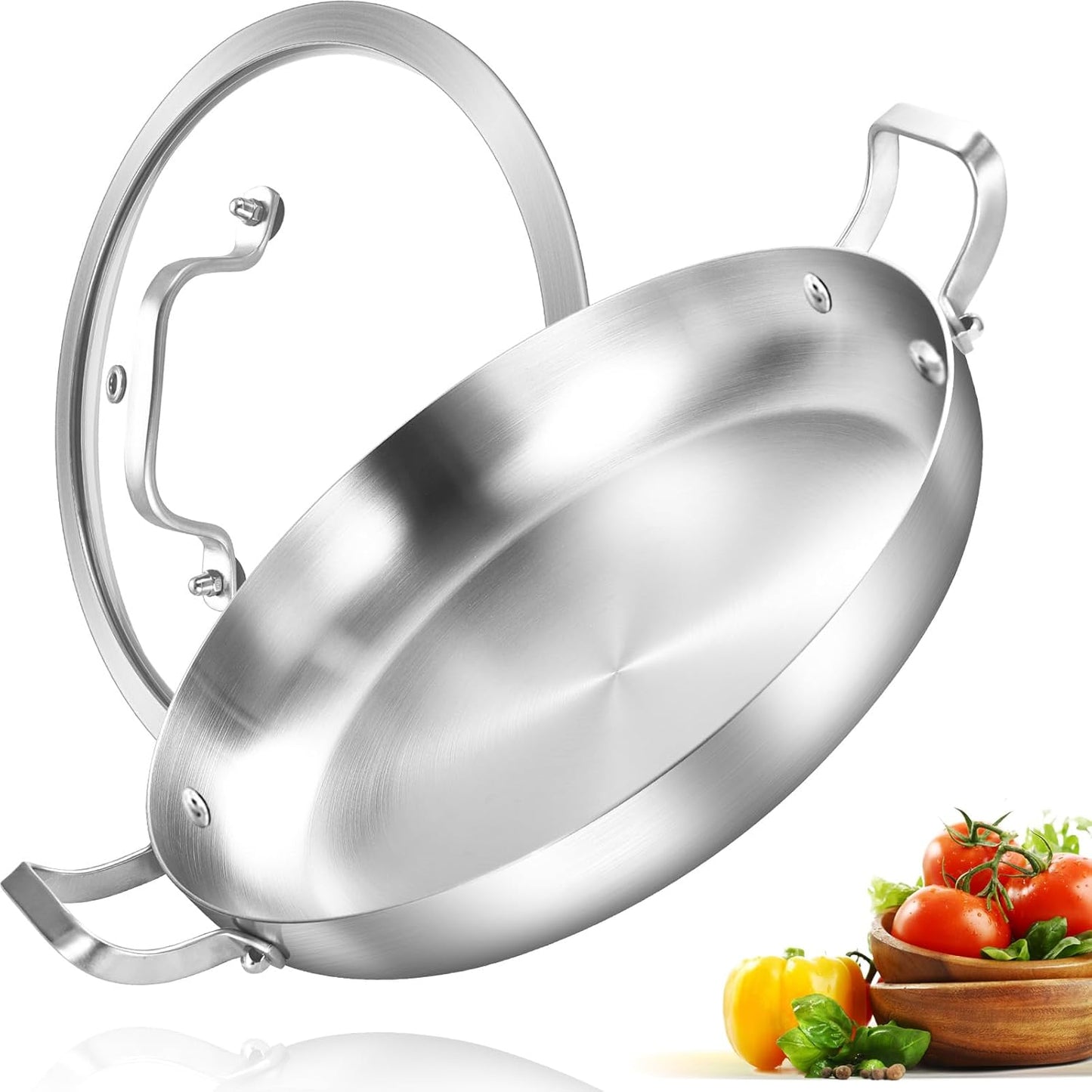 Inqibee 10-Inch Tri-Ply Stainless Steel Paella Pan with Lid,Omelet Pan,Large Skillet,Griddle Pan,Stir-Fry Pan,Jumbo Cooker,Induction Cooking Pan,Dishwasher and Oven Safe.