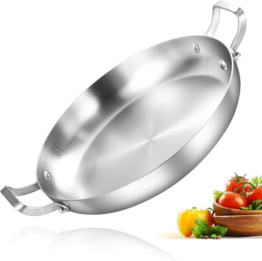 Inqibee 10-Inch Tri-Ply Stainless Steel Paella Pan,Omelet Pan,Large Skillet,Griddle Pan,Stir-Fry Pan,Jumbo Cooker,Induction Cooking Pan,Dishwasher and Oven Safe.