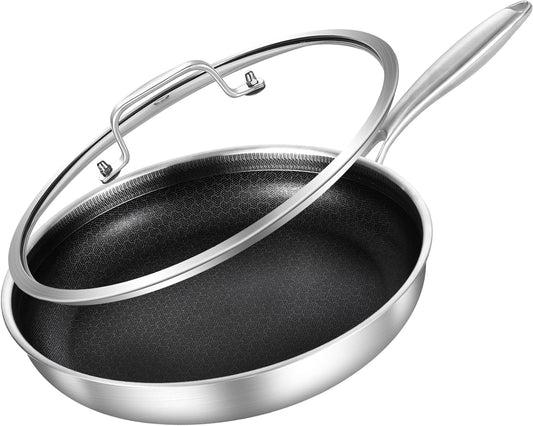 Inqibee 12-Inch Hybrid Tri-Ply Stainless Steel Sauté Pan,Non-stick Frying Pan with Lid,Skillet,Induction Chef's Pan,Heavy Duty and Oven Safe,Detachable Handle.