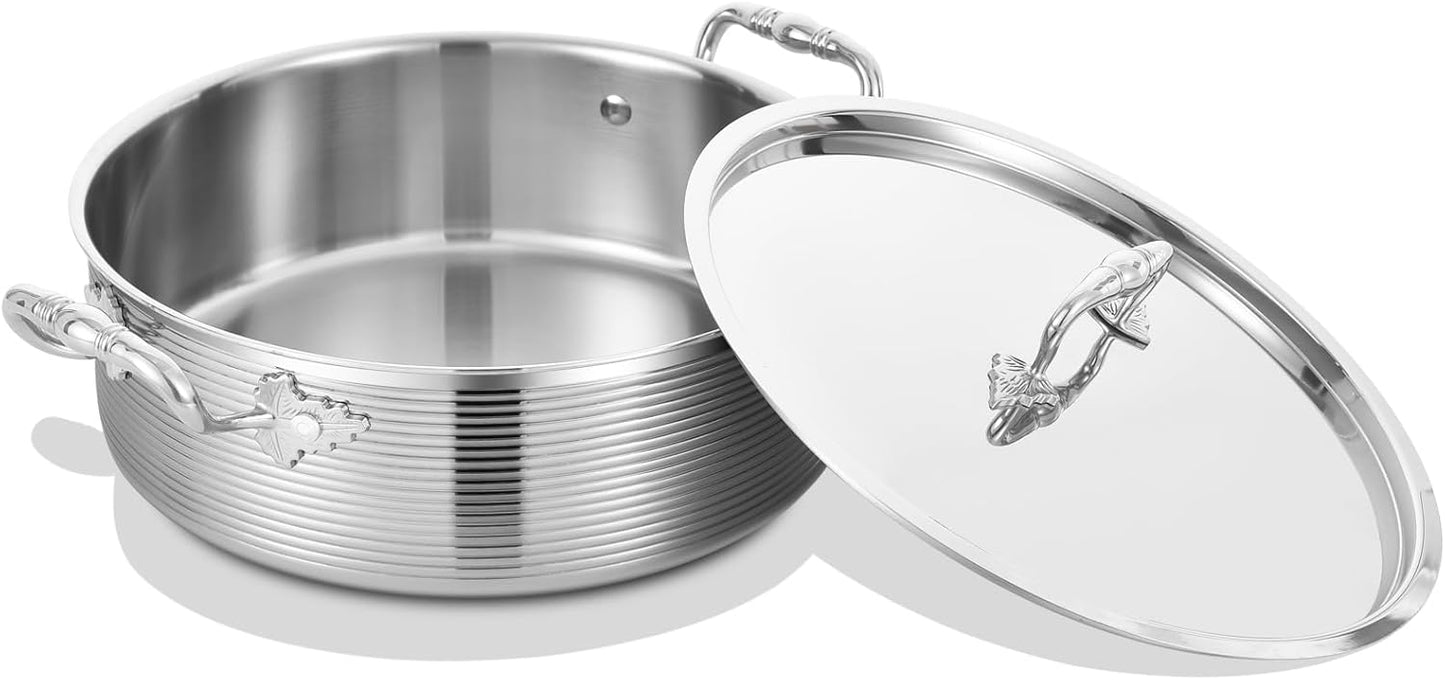 Inqibee Tri-Ply Stainless Steel 3 QT Sauté Pan with Steel Lid,10 Inch Induction Deep Frying Pan,Skillet, Brazier Pan,Jumbo Cooker, Dishwasher and Oven Safe.