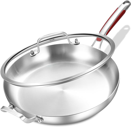 Inqibee 12-Inch Tri-Ply Stainless Steel Frying Pan with Lid and Helper Handle,Skillet,Chef's Pan,Induction Cooking Pan,Heavy Duty and Detachable Handle.