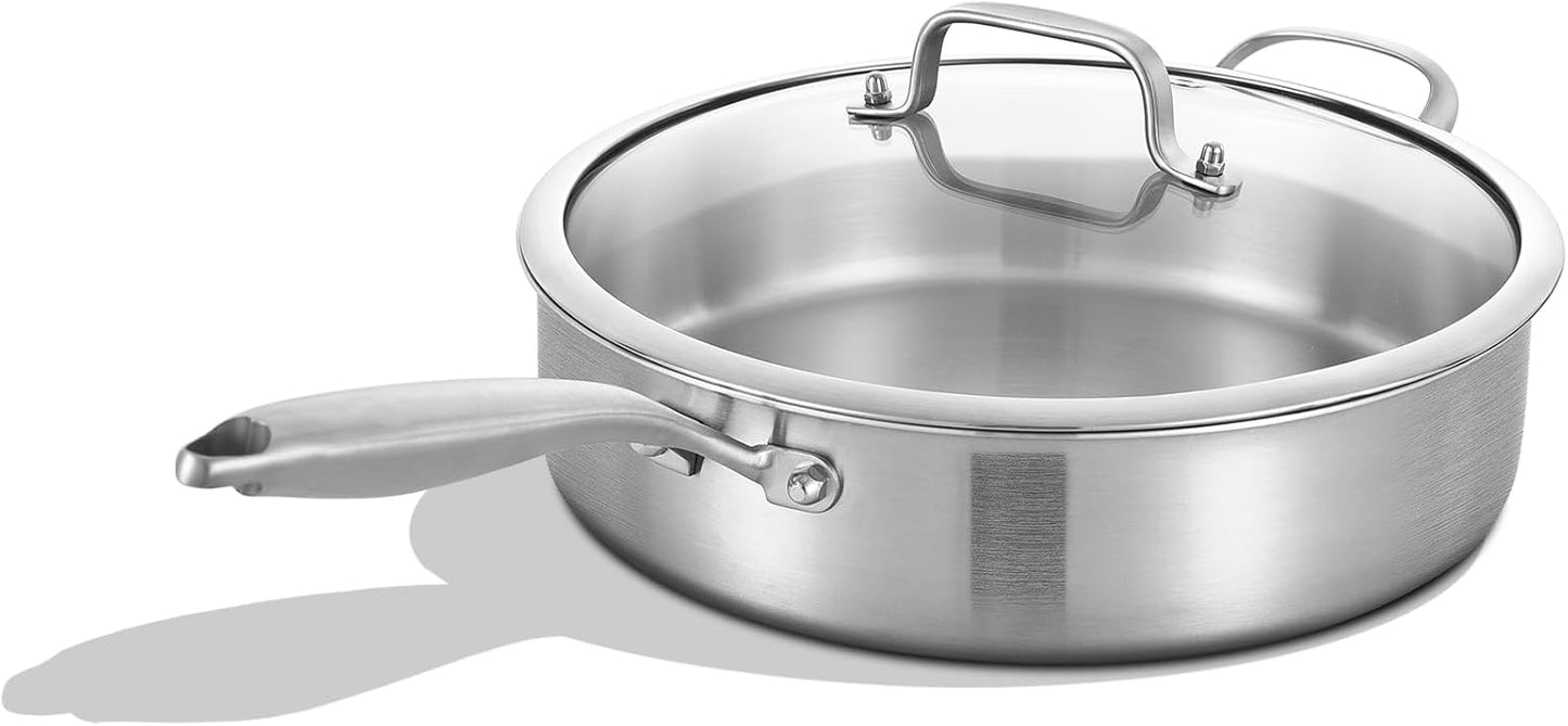 Inqibee 3 Quarts Tri-Ply Stainless Steel Sauté Pan with Lid,10 inch Induction Deep Frying Pan, Large Skillet,Jumbo Cooker, Dishwasher and Oven Safe,Detachable Handle.