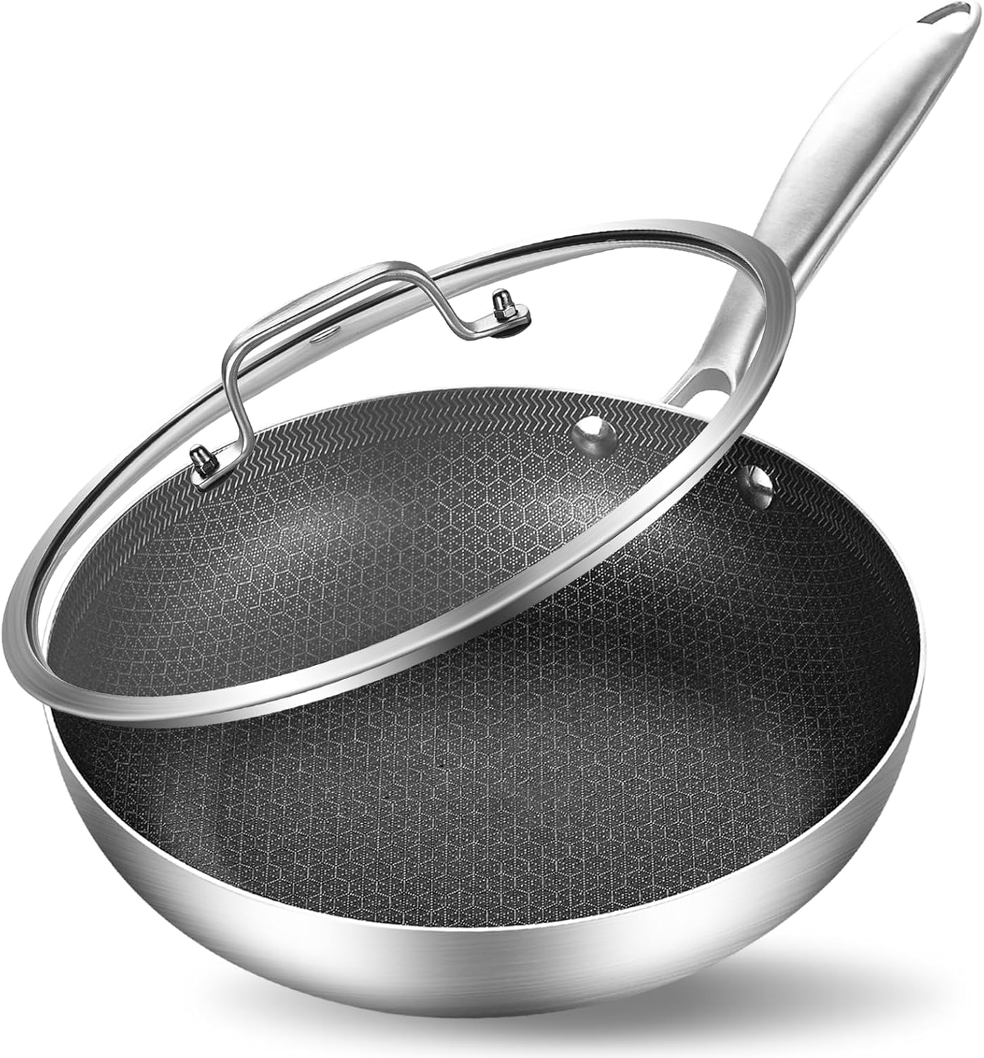 Inqibee 8 Inch Hybrid Tri-Ply Stainless Steel Sauté Pan with Lid,Non-stick Frying Pan,Skillet,Induction Chef's Pan,Heavy Duty and Oven Safe,Riveted Handle.