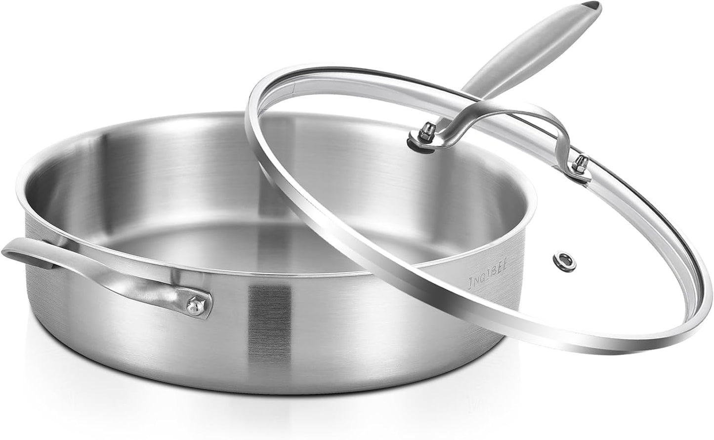 Inqibee 5 Quarts Tri-Ply Stainless Steel Sauté Pan with Lid,12 Inch Induction Deep Frying Pan, Large Skillet,Jumbo Cooker, Dishwasher and Oven Safe,Detachable Handle.