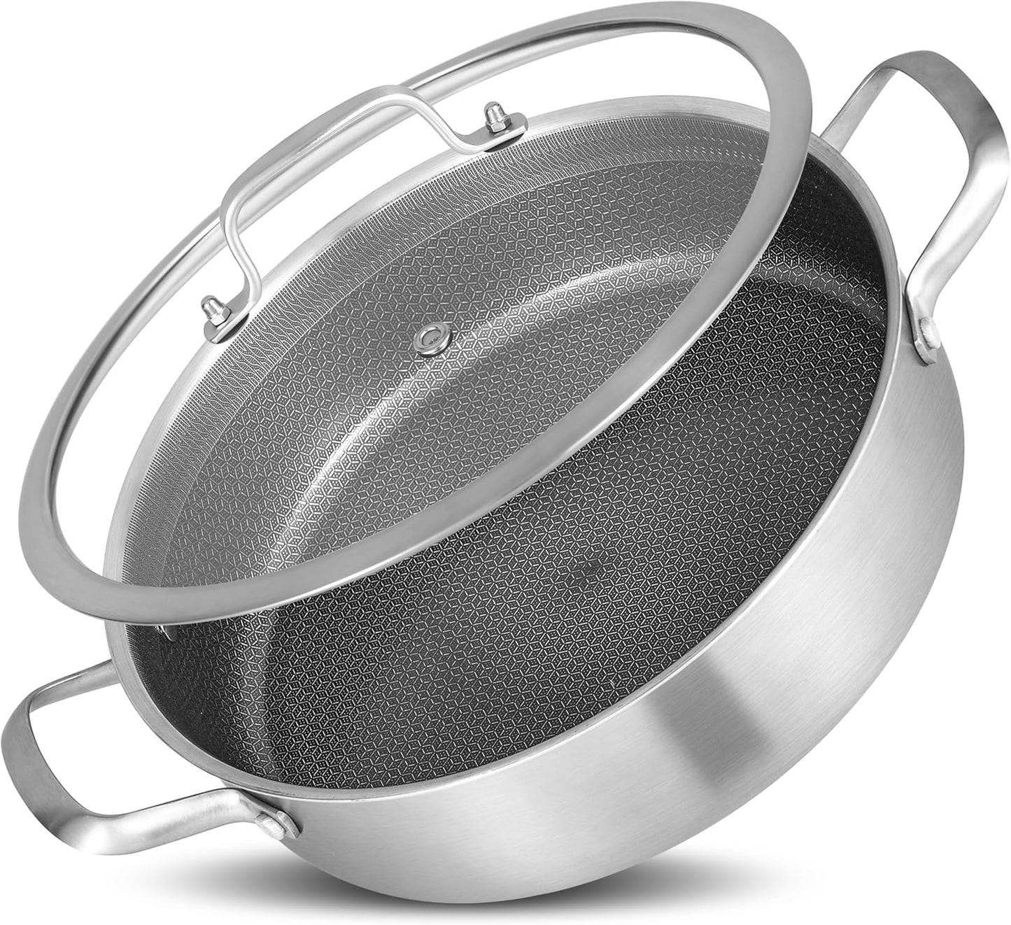 Inqibee 6 QT Hybrid Tri-Ply Stainless Steel Non Stick Sauté Pan with Lid, 12 inch Induction Deep Frying Pan, Large Skillet,Brazier Pan, Dishwasher and Oven Safe.