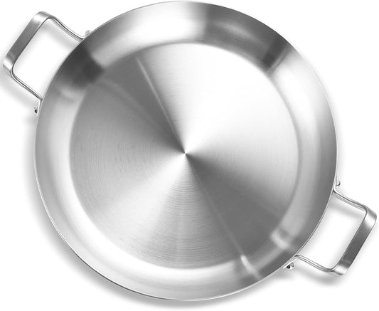 Inqibee 13-Inch Tri-Ply Stainless Steel Paella Pan, Large Skillet,Griddle Pan,Large Frying Pan,Jumbo Cooker,Induction Cookware,Dishwasher and Oven Safe.