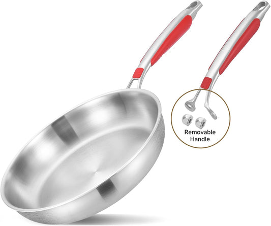 Inqibee 8.5 Inch Tri-Ply Stainless Steel Frying Pan,Skillet, Small Sauté Pan,Induction Chef's Pan,Heavy Duty and Oven Safe,Detachable Handle.