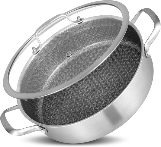 Inqibee 3 QT Hybrid Tri-Ply Stainless Steel Non Stick Saute Pan with Lid, 10 inch Induction Deep Frying Pan, Large Skillet,Jumbo Cooker, Dishwasher and Oven Safe.