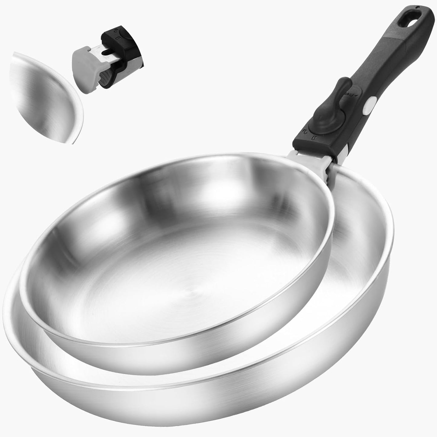 Inqibee Tri-ply Stainless Steel 8.5-12 Inch Sauté Pans,Deep Frying Pan Set,Pots and Pans for Home & RV Camping,Induction Pans,Detachable Handle Kitchen Cookware,Dishwasher and Oven Safe.