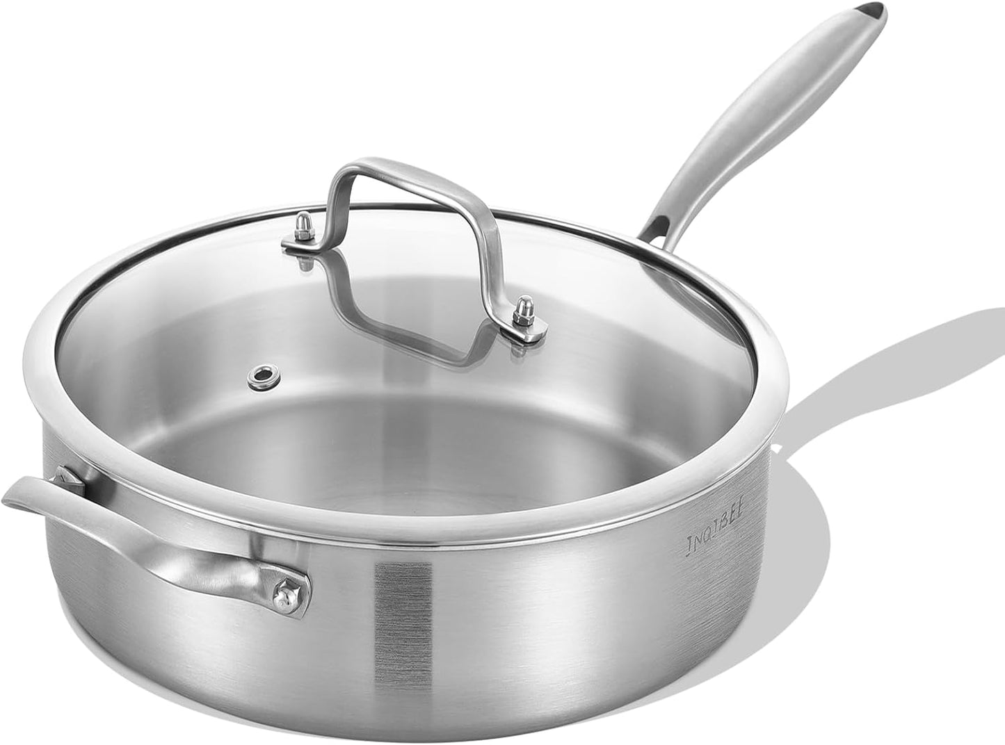 Inqibee 7 Quarts Tri-Ply Stainless Steel Sauté Pan with Lid,12 Inch Induction Deep Frying Pan, Large Skillet,Jumbo Cooker, Dishwasher and Oven Safe,Detachable Handle.