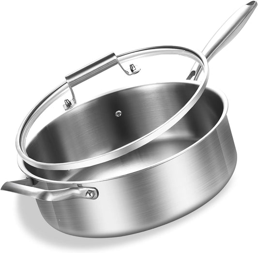 Inqibee 8 Quarts Tri-Ply Stainless Steel Sauté Pan with Lid,13 Inch Induction Deep Frying Pan, Large Skillet,Jumbo Cooker, Dishwasher and Oven Safe,Detachable Handle.