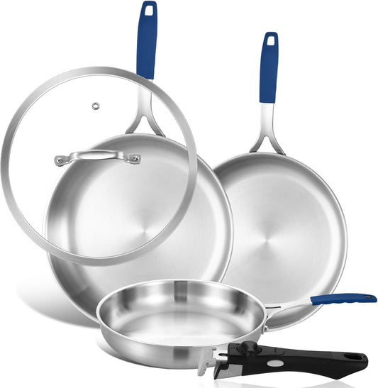 Inqibee 8.5-10-12 Inch Tri-Ply Stainless Steel Frying Pan set of 3 with a Lid,Skillets,Induction Cooking Pans,Pots and Pans Set,Oven and Dishwasher Safe,Detachable Handle.