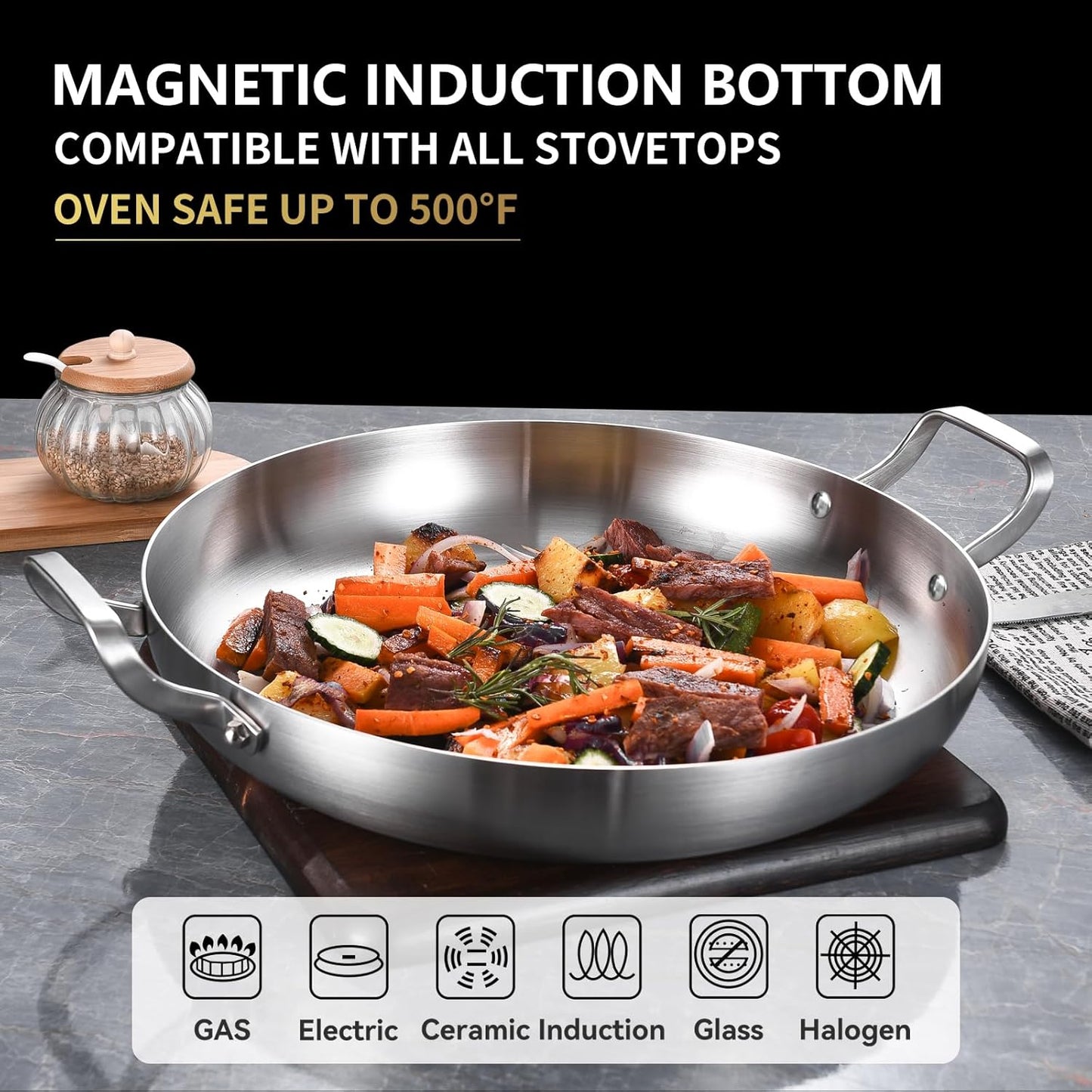 Inqibee 10-Inch Tri-Ply Stainless Steel Paella Pan with Lid,Omelet Pan,Large Skillet,Griddle Pan,Stir-Fry Pan,Jumbo Cooker,Induction Cooking Pan,Dishwasher and Oven Safe.