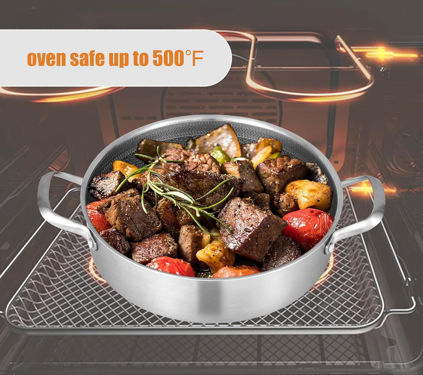 Inqibee 3 QT Hybrid Tri-Ply Stainless Steel Non Stick Saute Pan with Lid, 10 inch Induction Deep Frying Pan, Large Skillet,Jumbo Cooker, Dishwasher and Oven Safe.