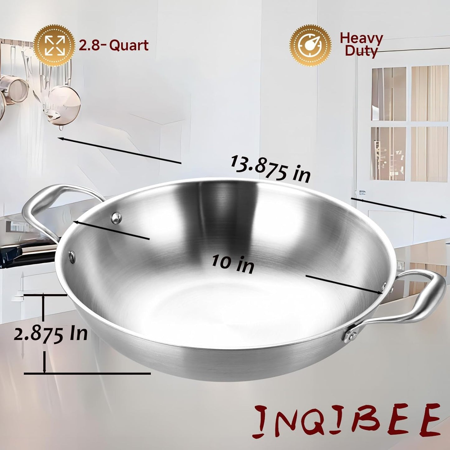 Inqibee 10-Inch Tri-Ply Stainless Steel Wok Pan with Lid,Small Stir Frying Pan,Jumbo Cooker,Induction Cooking Pan,Dishwasher and Oven Safe.