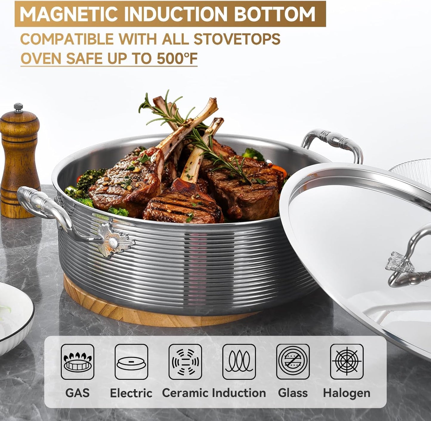 Inqibee Tri-Ply Stainless Steel 3 QT Sauté Pan with Steel Lid,10 Inch Induction Deep Frying Pan,Skillet, Brazier Pan,Jumbo Cooker, Dishwasher and Oven Safe.