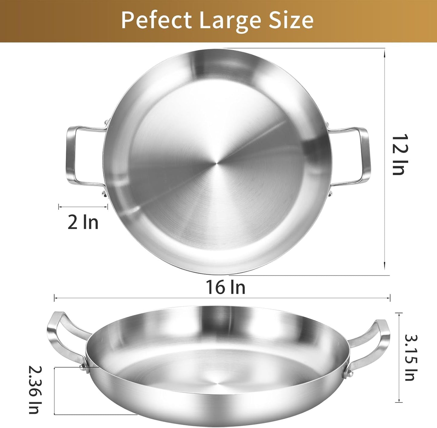 Inqibee 12-Inch Tri-Ply Stainless Steel Stir Fry Pan with Lid,Paella Pan,Omelet Pan,Large Skillet,Induction Cooking Pan,Heavy Duty,Dishwasher and Oven Safe.