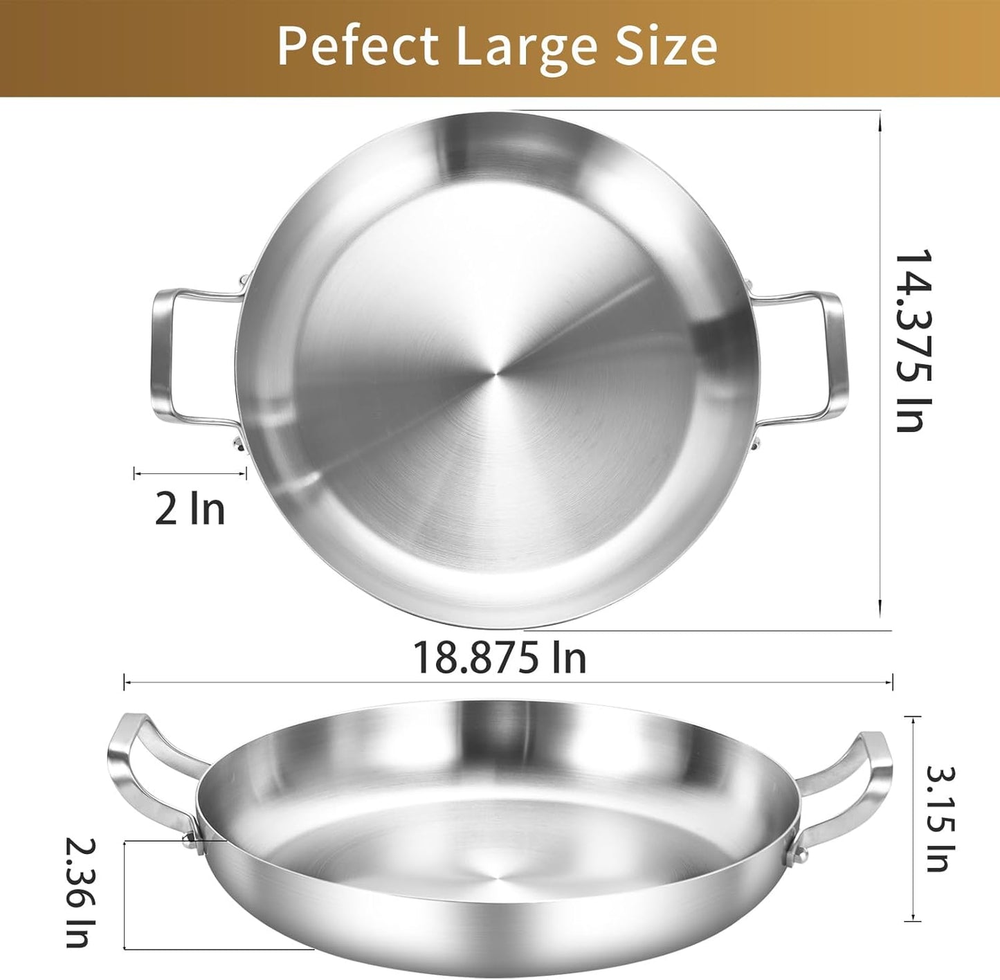 Inqibee 14-Inch Tri-Ply Stainless Steel Paella Pan, Large Skillet,Griddle Pan,Large Frying Pan,Jumbo Cooker,Induction Cookware,Dishwasher and Oven Safe.