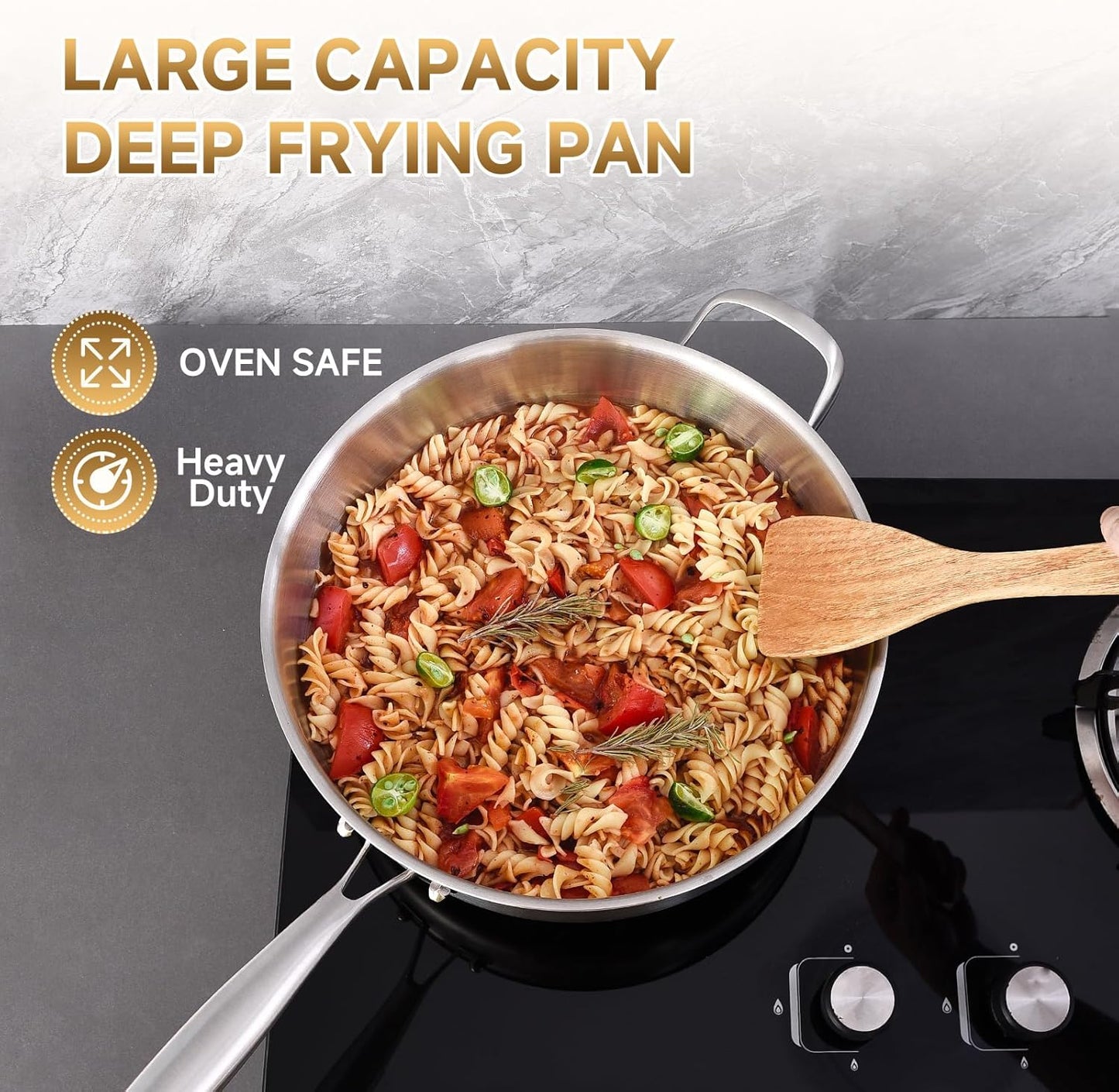 Inqibee 6 QT Tri-Ply Stainless Steel Sauté Pan with Lid, 12 Inch Induction Deep Frying Pan, Large Skillet,Jumbo Cooker, Dishwasher and Oven Safe,Detachable Handle.