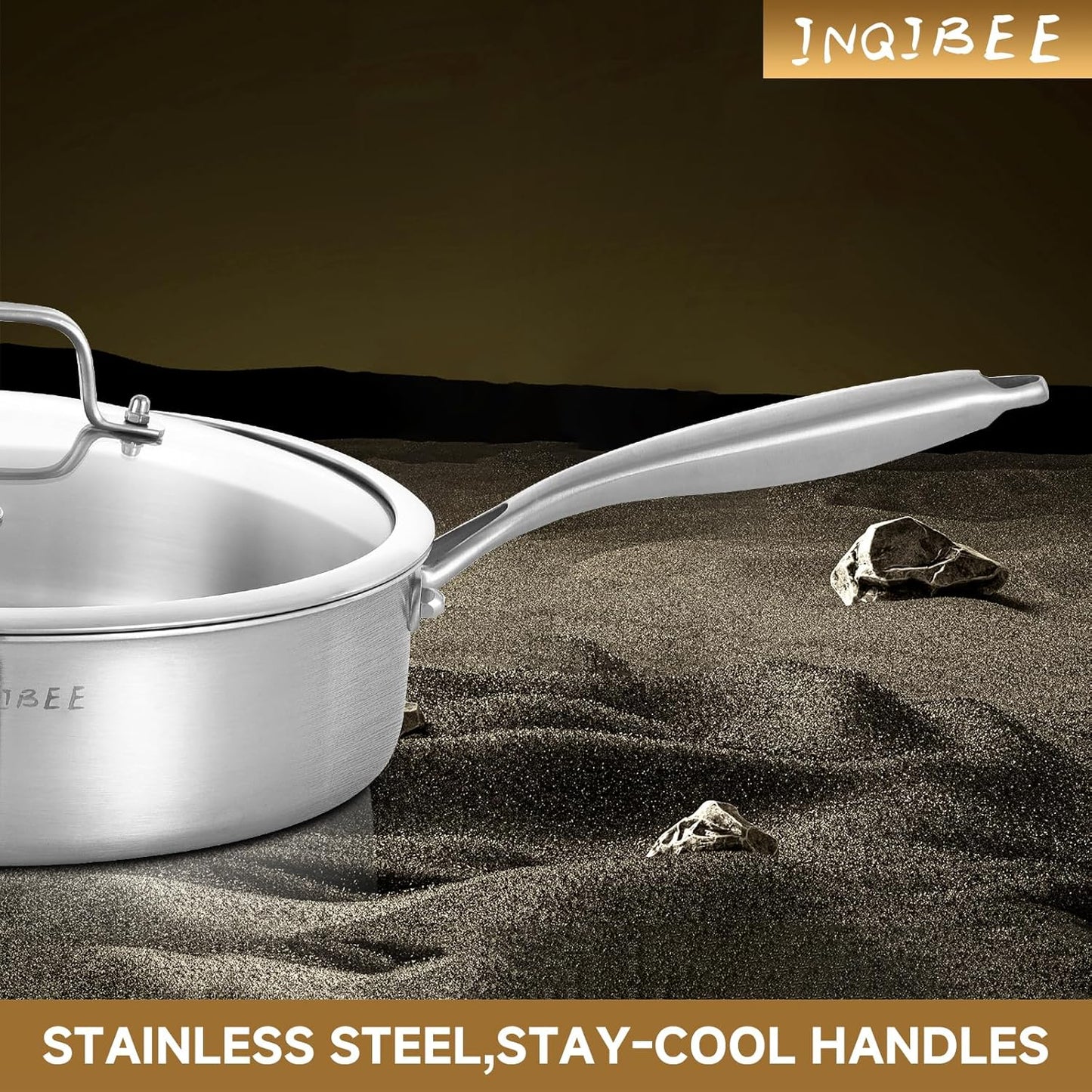 Inqibee 3 Quarts Tri-Ply Stainless Steel Sauté Pan with Lid,10 inch Induction Deep Frying Pan, Large Skillet,Jumbo Cooker, Dishwasher and Oven Safe,Detachable Handle.