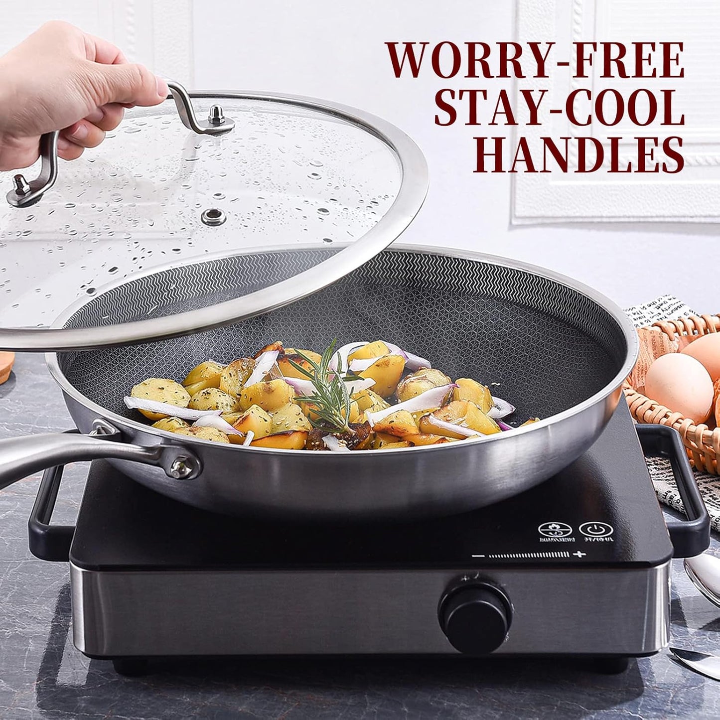 Inqibee 10 Inch Hybrid Tri-Ply Stainless Steel Sauté Pan,Non-stick Frying Pan with Lid,Skillet,Induction Chef's Pan,Heavy Duty and Oven Safe,Riveted Handle.