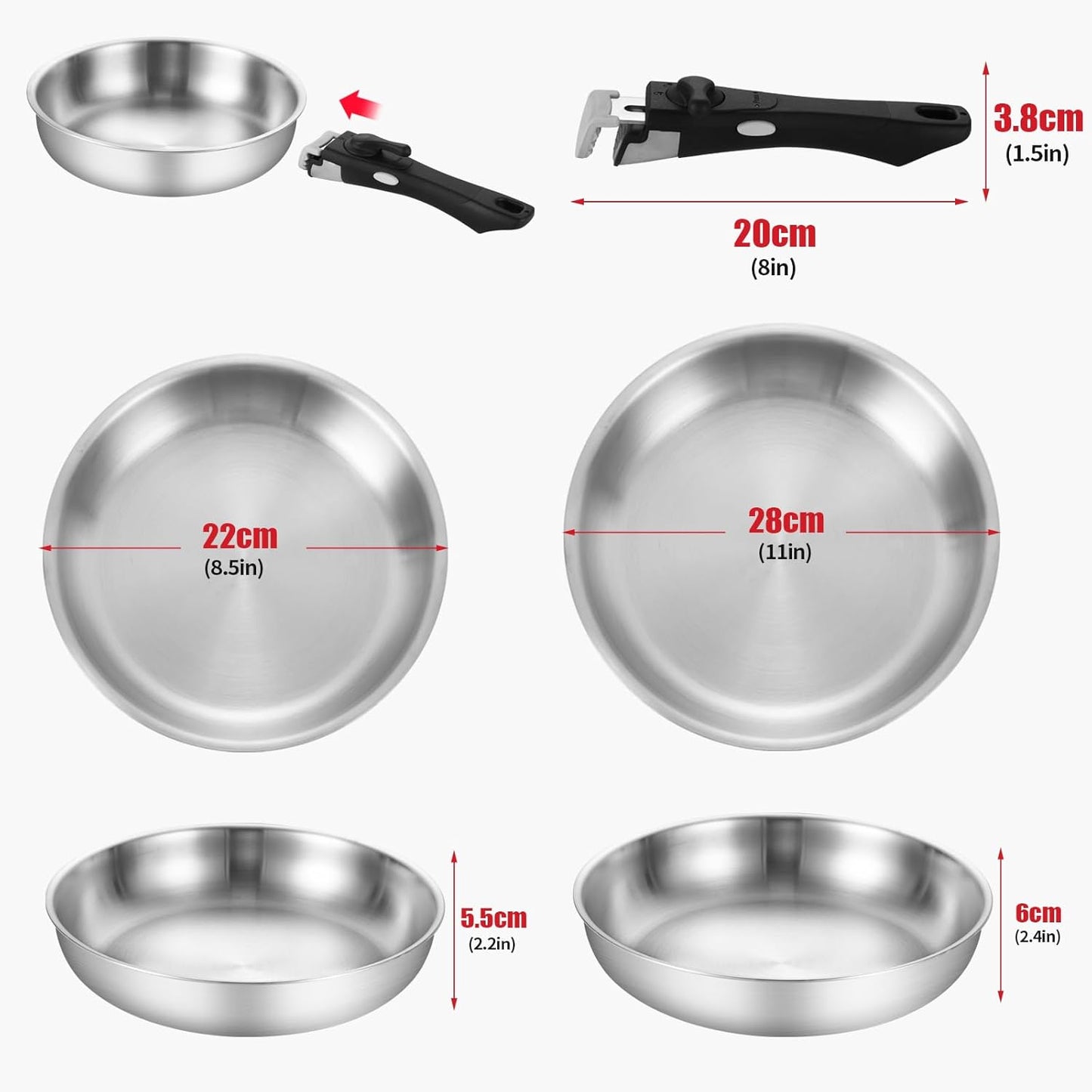 Inqibee Tri-ply Stainless Steel 8.5-12 Inch Sauté Pans,Deep Frying Pan Set,Pots and Pans for Home & RV Camping,Induction Pans,Detachable Handle Kitchen Cookware,Dishwasher and Oven Safe.