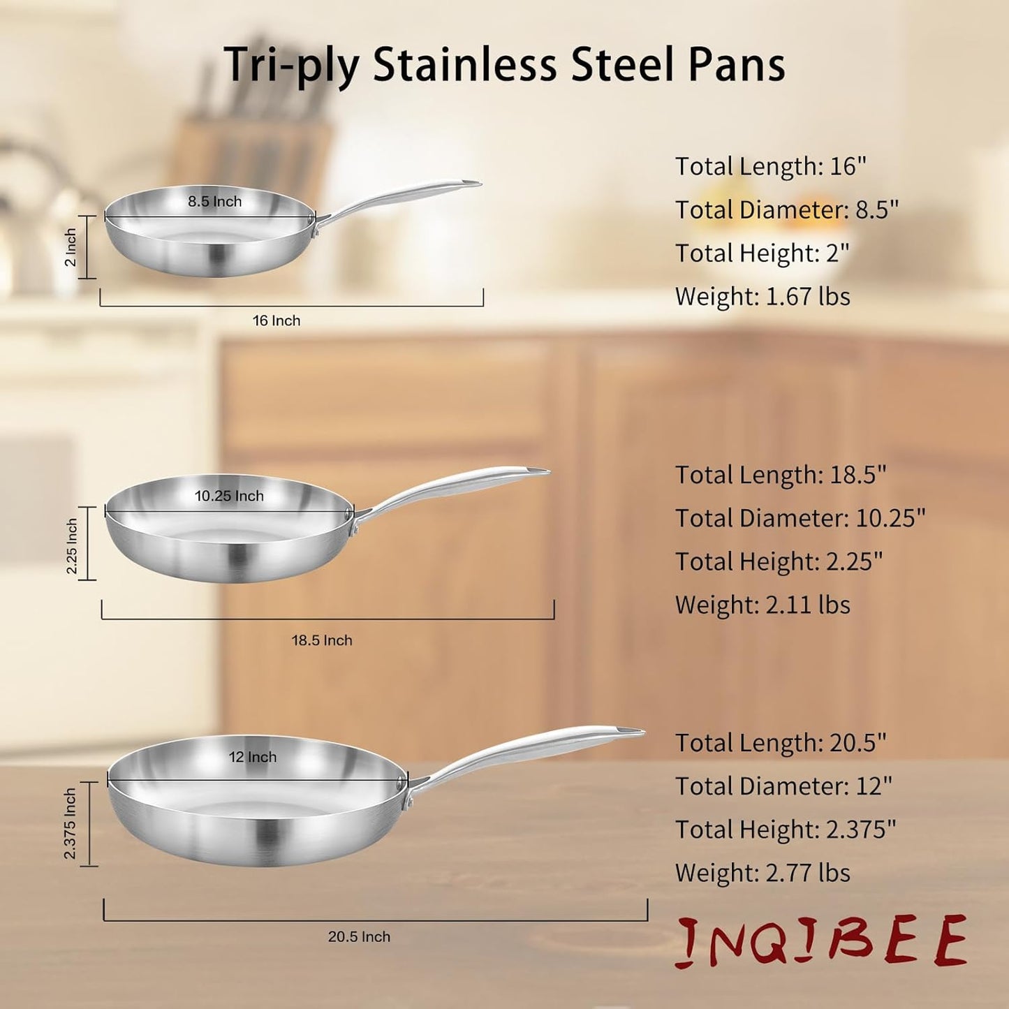 Inqibee 8.5-10 Inch Tri-Ply Stainless Steel Frying Pans with a Lid,Small Sauté Pan Set,Skillets,Induction Cooking Pan,Pots and Pans Set Heavy Duty and Oven Safe.