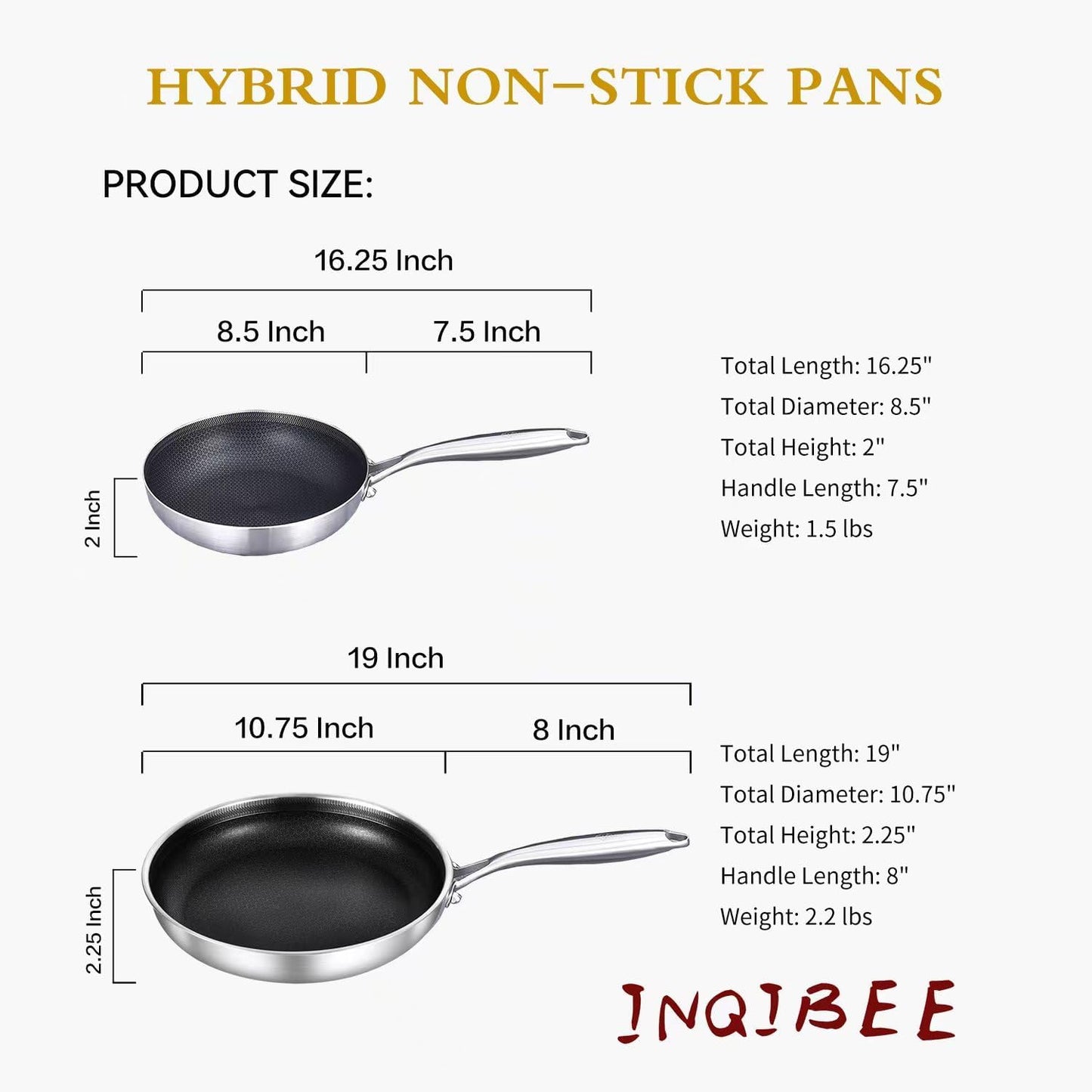 Inqibee 8 Inch Hybrid Tri-Ply Stainless Steel Sauté Pan with Lid,Non-stick Frying Pan,Skillet,Induction Chef's Pan,Heavy Duty and Oven Safe,Riveted Handle.