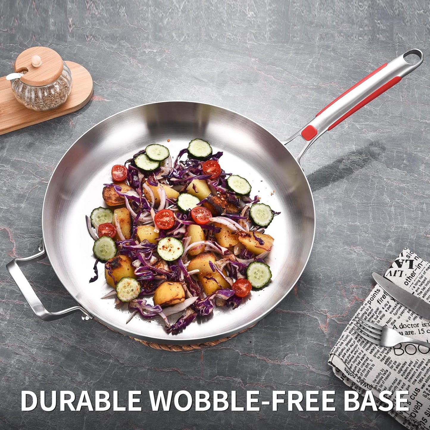 Inqibee 13-Inch Tri-Ply Stainless Steel Frying Pan with Lid and Helper Handle,Skillet,Induction Cooking Pan,Heavy Duty and Detachable Handle.