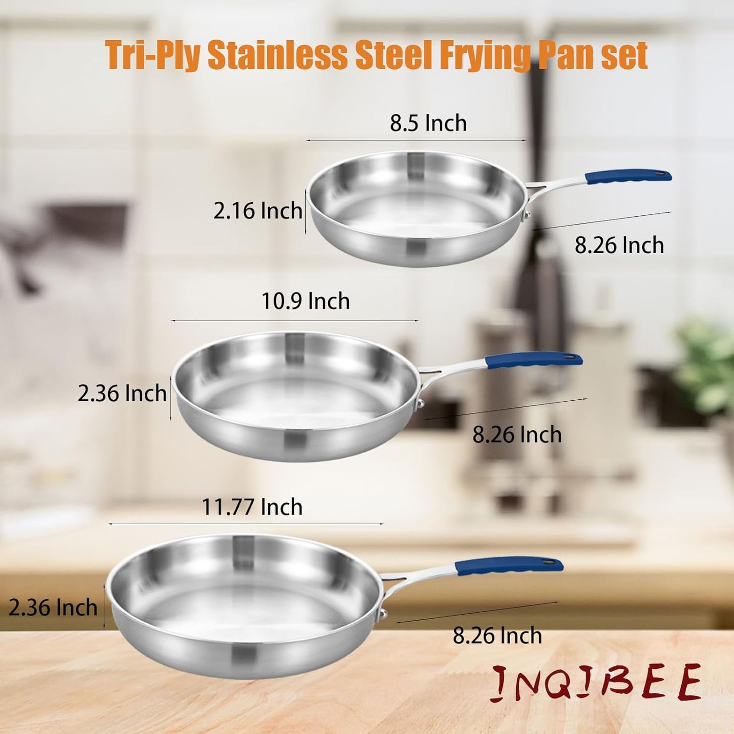 Inqibee 8.5-10-12 Inch Tri-Ply Stainless Steel Frying Pan set of 3 with a Lid,Skillets,Induction Cooking Pans,Pots and Pans Set,Oven and Dishwasher Safe,Detachable Handle.