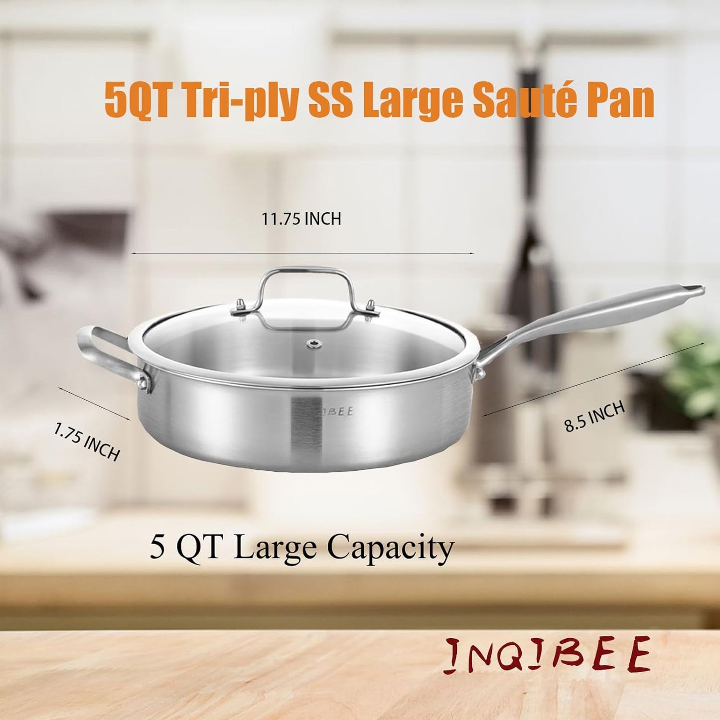 Inqibee 5 Quarts Tri-Ply Stainless Steel Sauté Pan with Lid,12 Inch Induction Deep Frying Pan, Large Skillet,Jumbo Cooker, Dishwasher and Oven Safe,Detachable Handle.