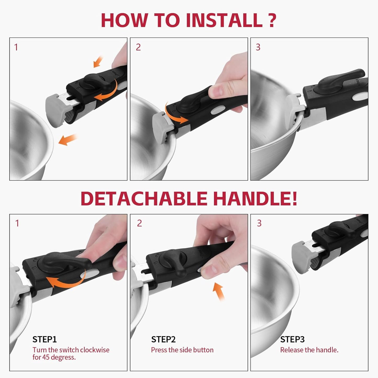 Inqibee Tri-ply Stainless Steel 8.5-12 Inch Sauté Pans,Deep Frying Pan Set,Pots and Pans for Home & RV Camping,Induction Pans,Detachable Handle Kitchen Cookware,Dishwasher and Oven Safe.