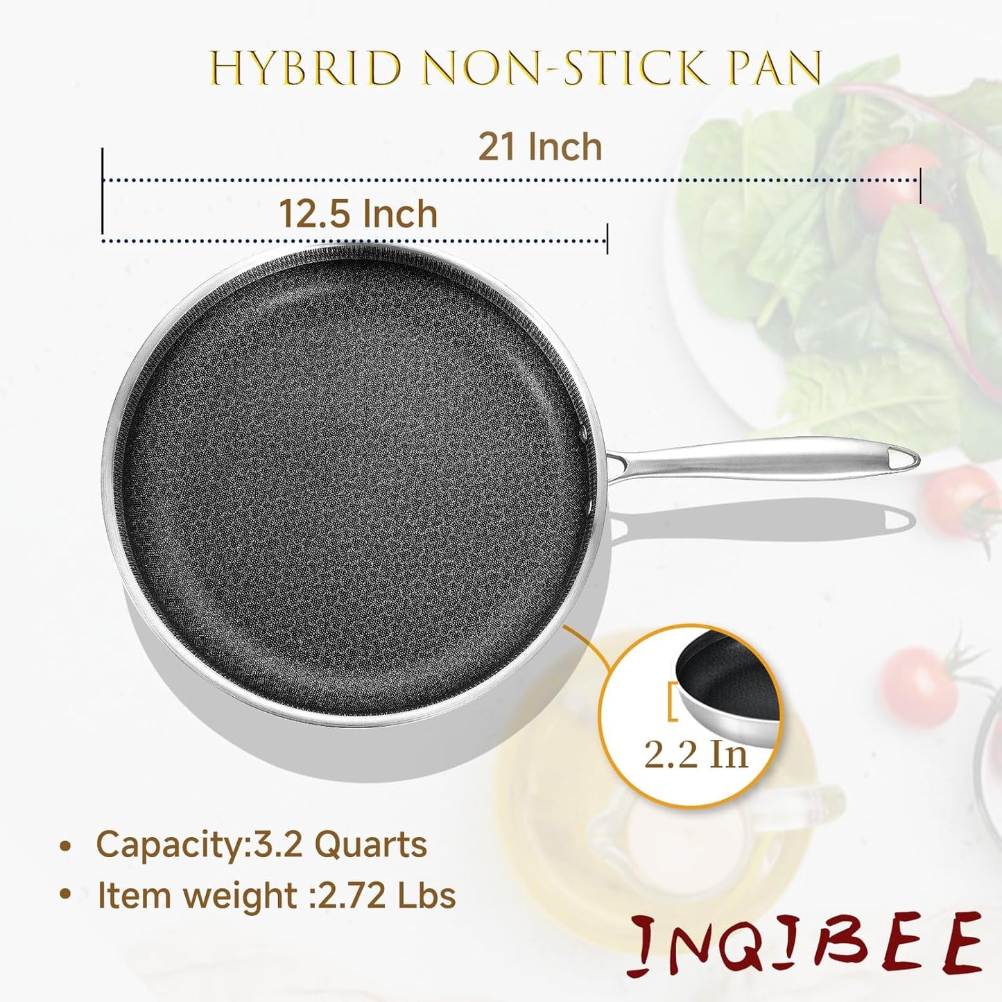 Inqibee 12 Inch Hybrid Tri-Ply Stainless Steel Sauté Pan,Non-Stick Frying Pan,Skillet,Induction Cooking Pan,Heavy Duty and Oven Safe.