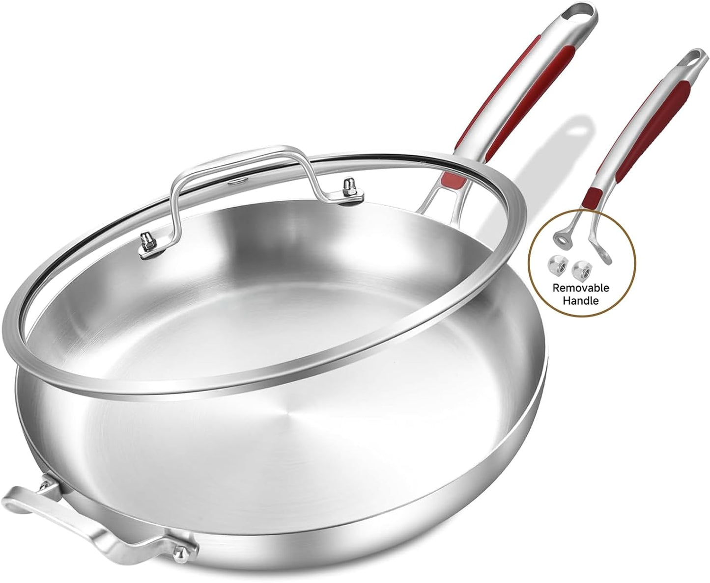 Inqibee 13-Inch Tri-Ply Stainless Steel Frying Pan with Lid and Helper Handle,Skillet,Induction Cooking Pan,Heavy Duty and Detachable Handle.