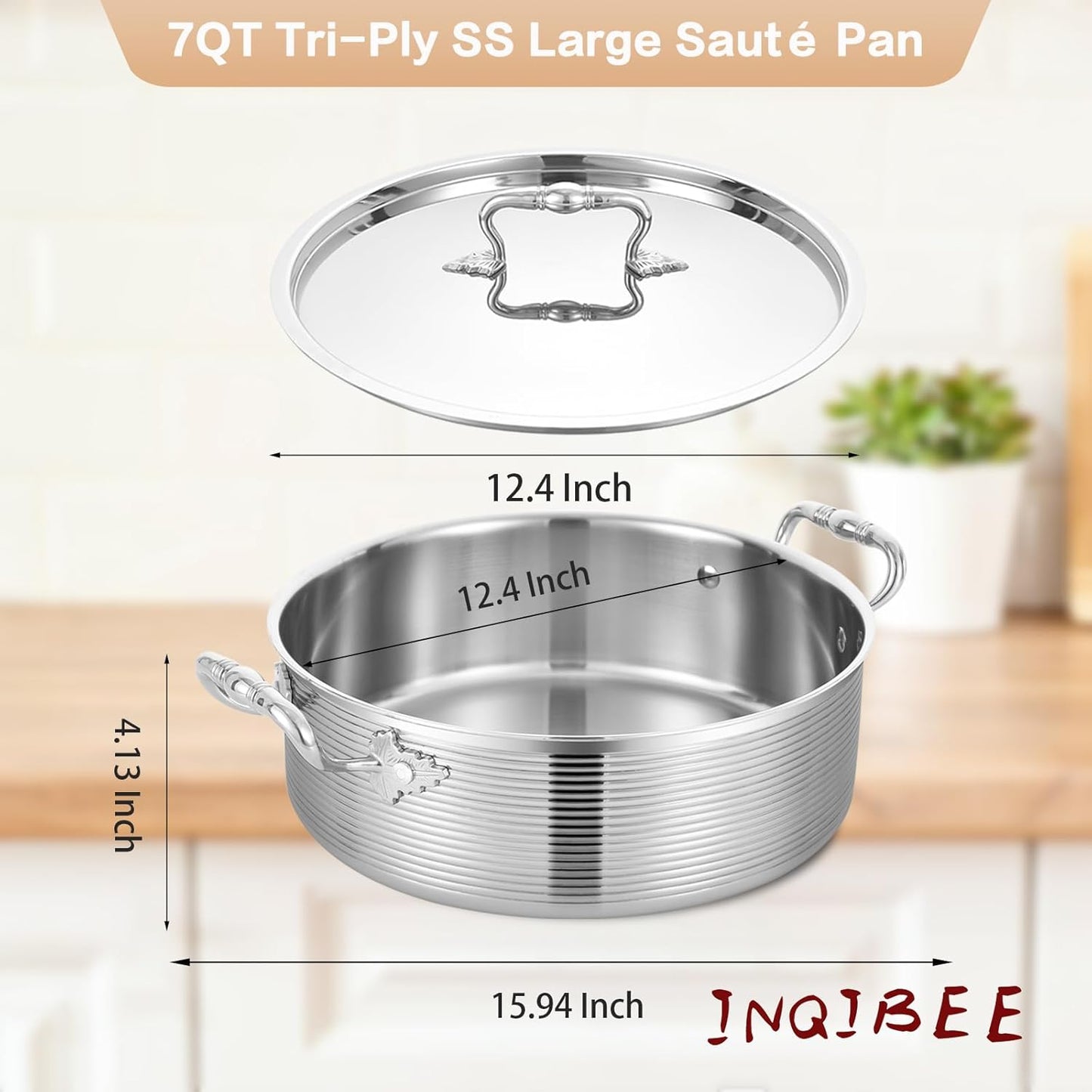 Inqibee Tri-Ply Stainless 7 QT Sauté Pan with Steel Lid, 12 Inch Induction Deep Frying Pan, Braiser Pan, Large Skillet, Jumbo Cooker, Heavy Duty,Dishwasher and Oven Safe.