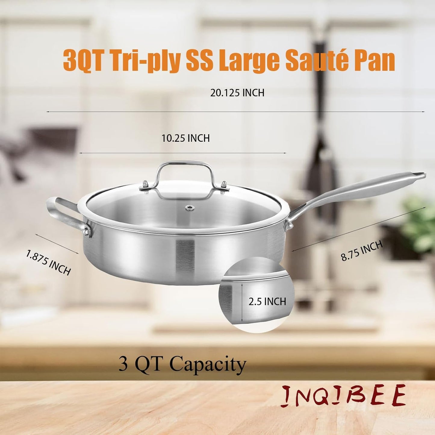 Inqibee 3 Quarts Tri-Ply Stainless Steel Sauté Pan with Lid,10 inch Induction Deep Frying Pan, Large Skillet,Jumbo Cooker, Dishwasher and Oven Safe,Detachable Handle.