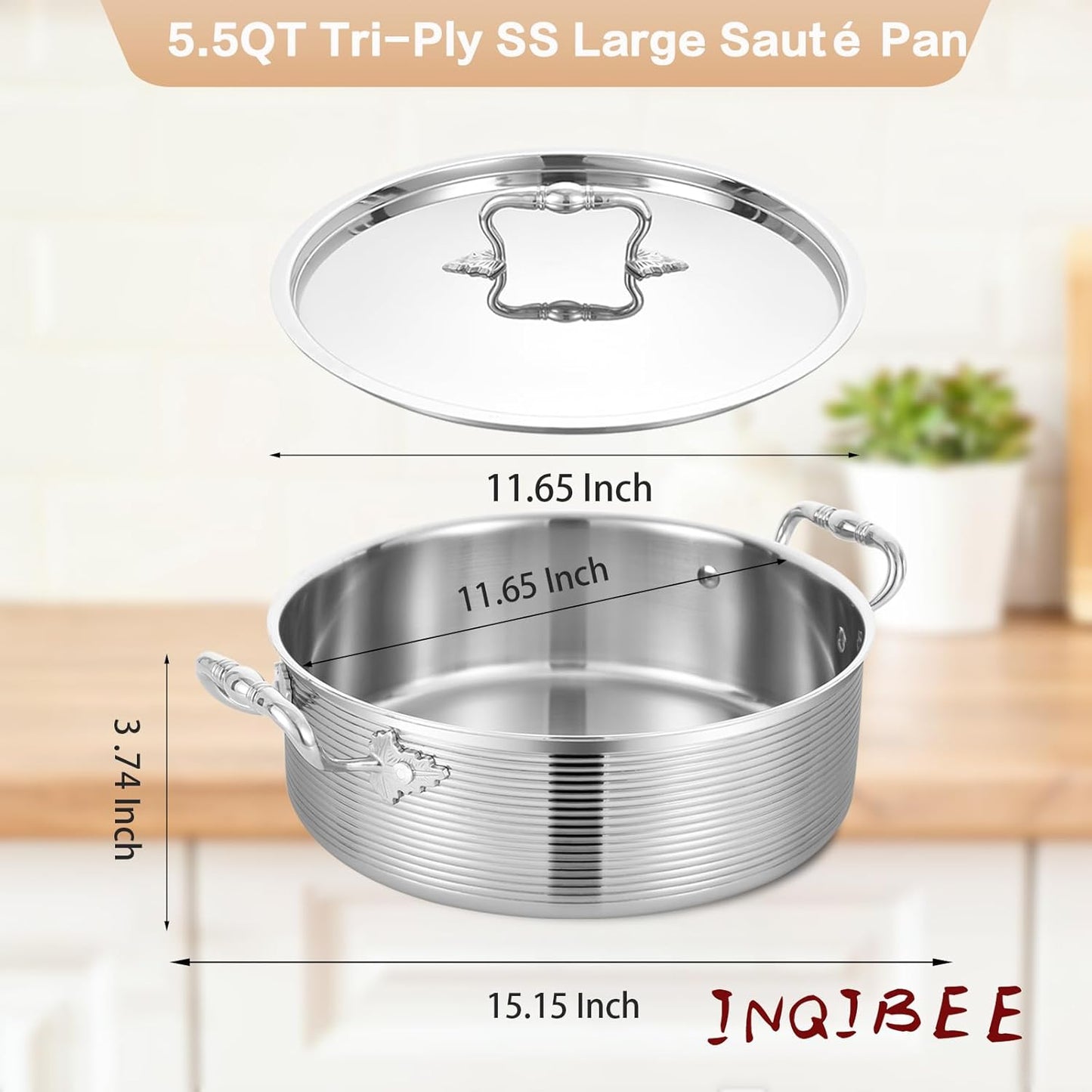 Inqibee Tri-Ply Stainless 5.5 QT Sauté Pan with Steel Lid, 12 Inch Induction Deep Frying Pan, Large Skillet, Brazier Pan,Casserole,Jumbo Cooker, Heavy Duty,Dishwasher and Oven Safe.