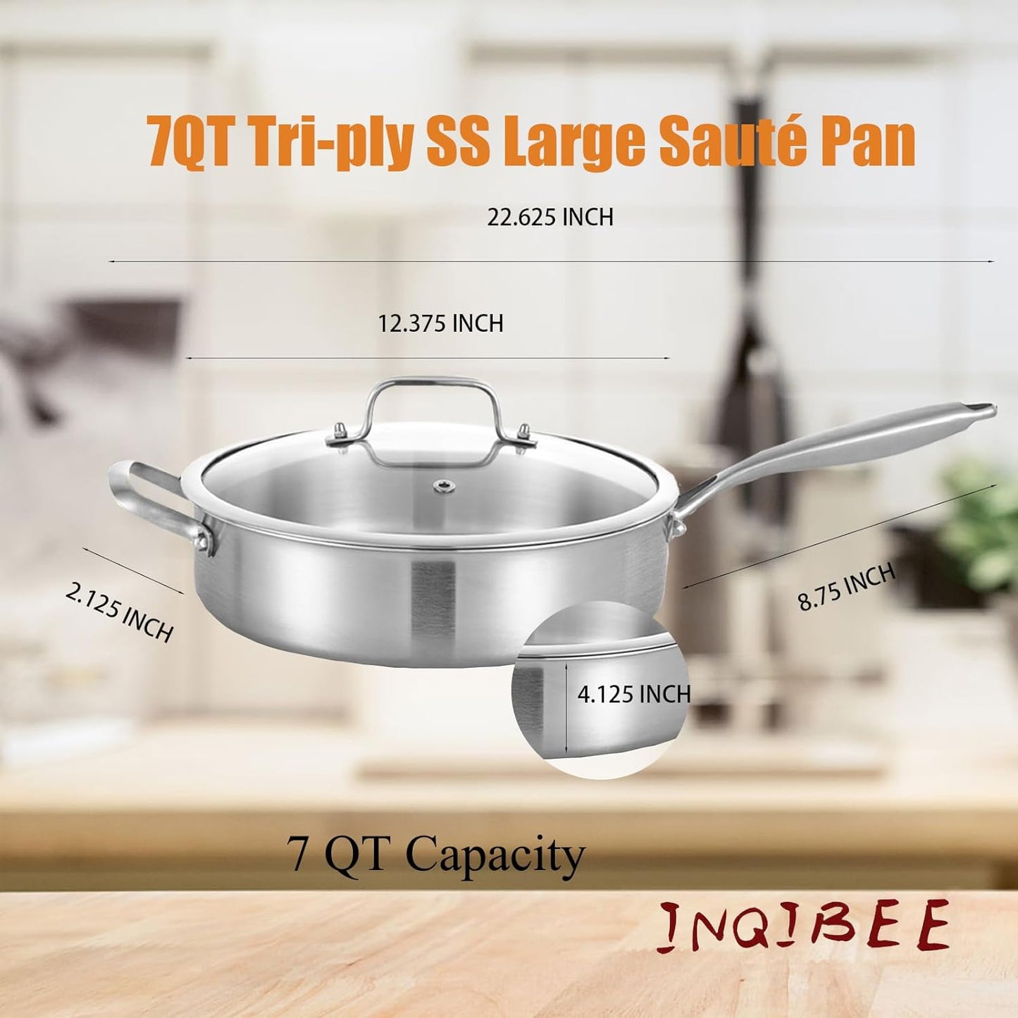 Inqibee 7 Quarts Tri-Ply Stainless Steel Sauté Pan with Lid,12 Inch Induction Deep Frying Pan, Large Skillet,Jumbo Cooker, Dishwasher and Oven Safe,Detachable Handle.