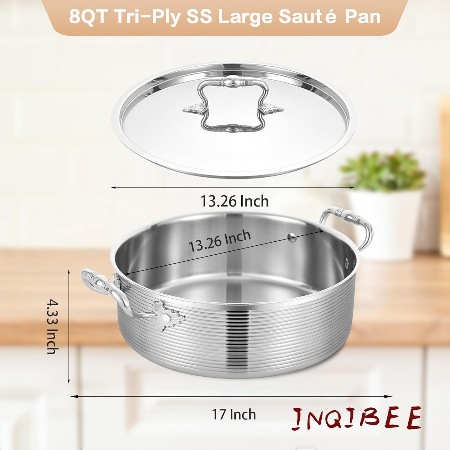 Inqibee Tri-Ply Stainless 8 QT Sauté Pan with Steel Lid, 13 Inch Induction Deep Frying Pan, Braiser Pan,Large Skillet, Jumbo Cooker, Heavy Duty,Dishwasher and Oven Safe.