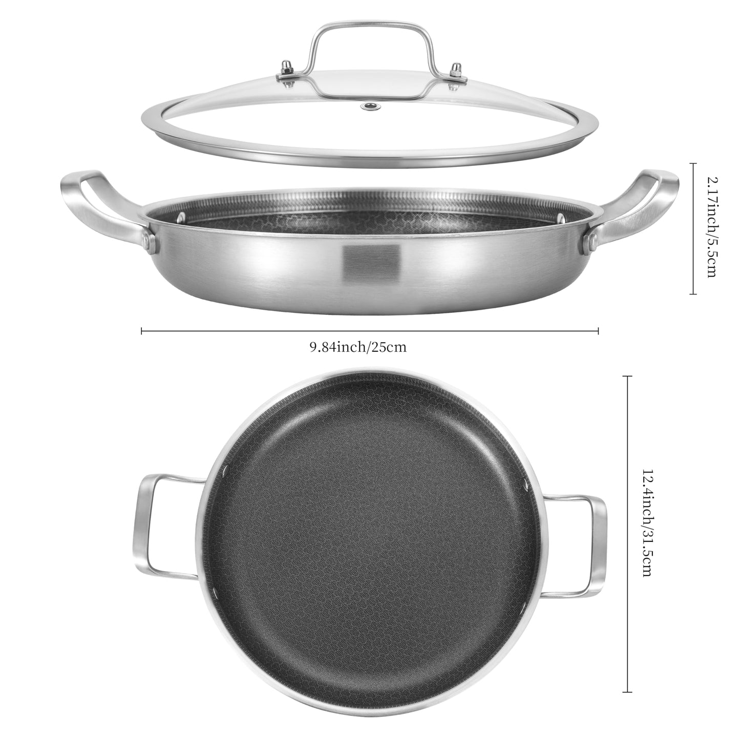 Inqibee 12-Inch Hybrid Tri-Ply Stainless Steel Nonstick Stir Fry Pan with Lid,Paella Pan,Omelet Pan,Large Skillet,Induction Cooking Pan,Dishwasher and Oven Safe.