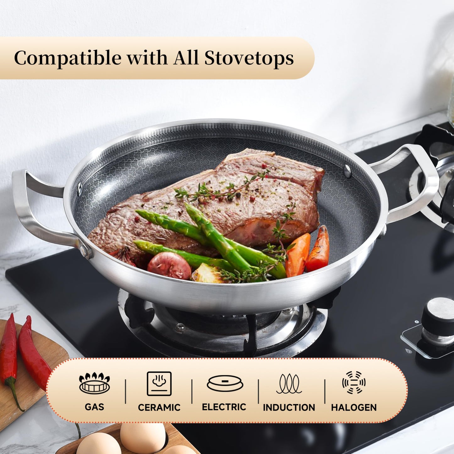 Inqibee 12-Inch Hybrid Tri-Ply Stainless Steel Nonstick Stir Fry Pan with Lid,Paella Pan,Omelet Pan,Large Skillet,Induction Cooking Pan,Dishwasher and Oven Safe.